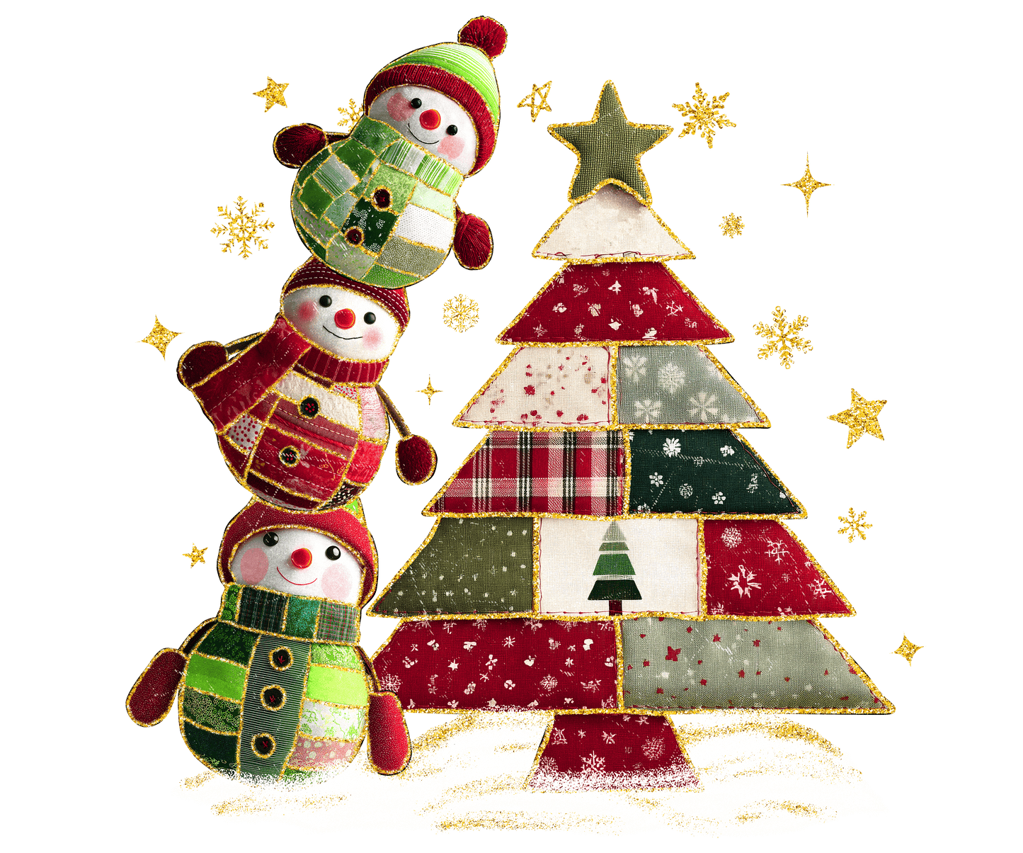 patchwork tree and snowmen