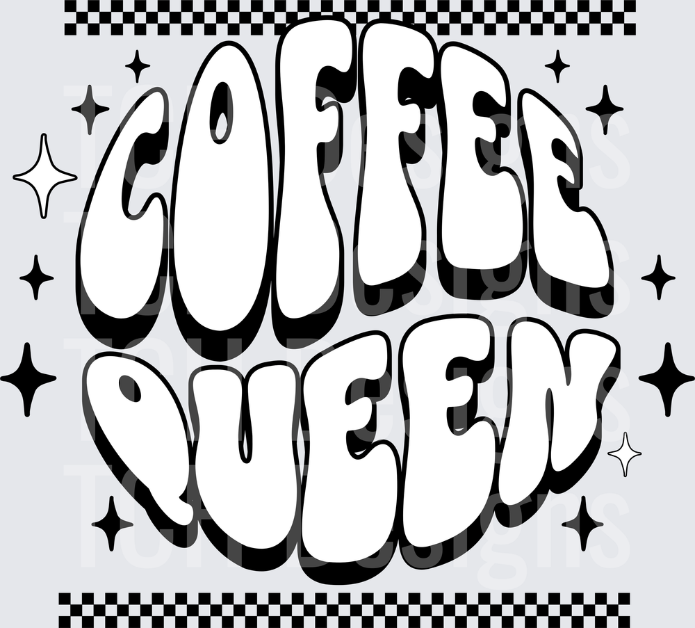 Coffee Queen Retro Bubble Letter Checkered Groovy Design