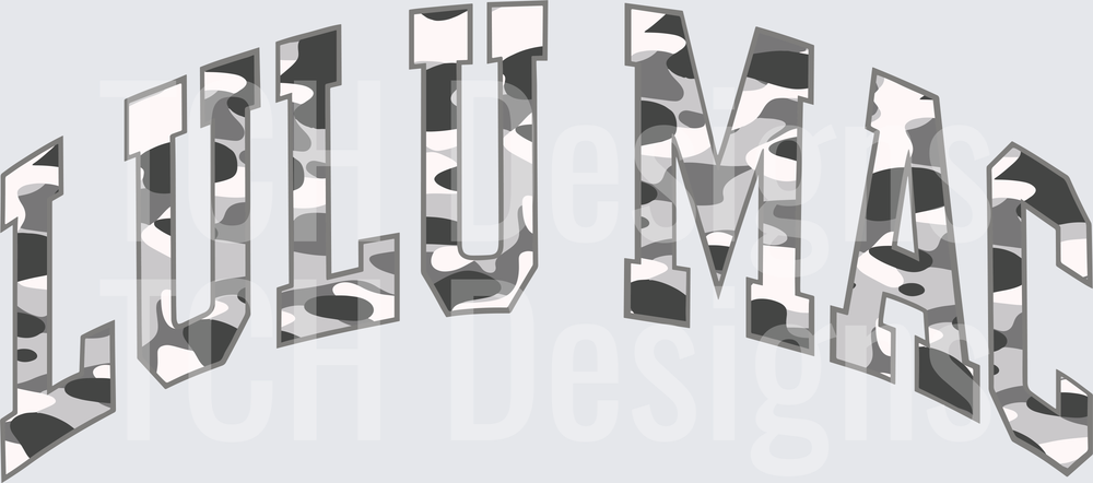 Lulu Mac Arched Name Gray Camo Block Letters