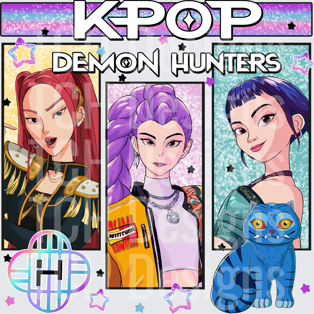 K-Pop Demon Hunters Anime Girl Trio with Blue Cat