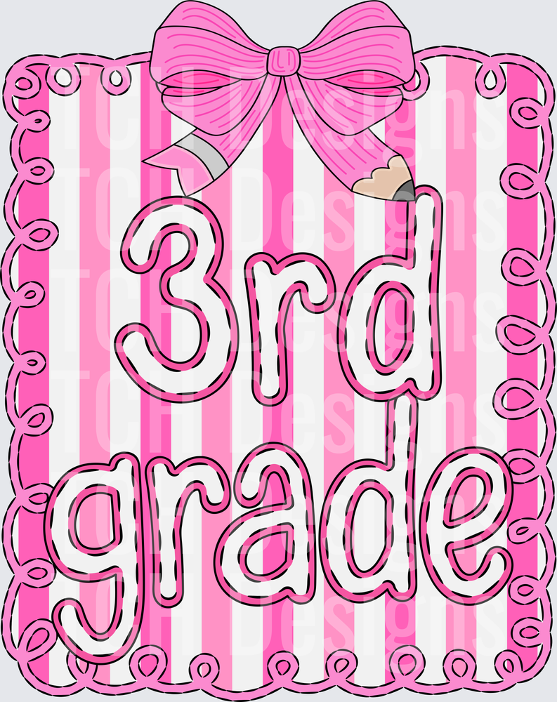 3rd Grade Pink Striped Bow Pencil Swirl Border Design