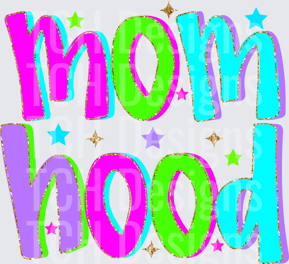Mom Mood Colorful Rainbow Letters with Stars and Sparkles