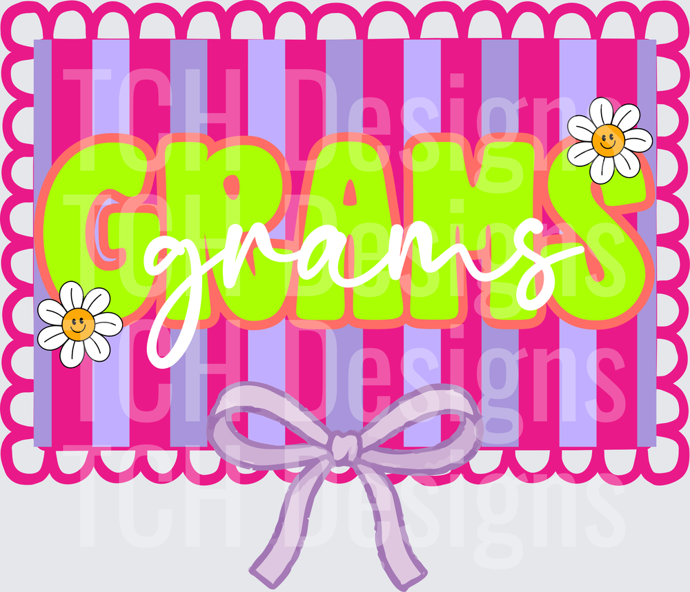 Grams Scalloped Frame with Daisy Flowers and Striped Background