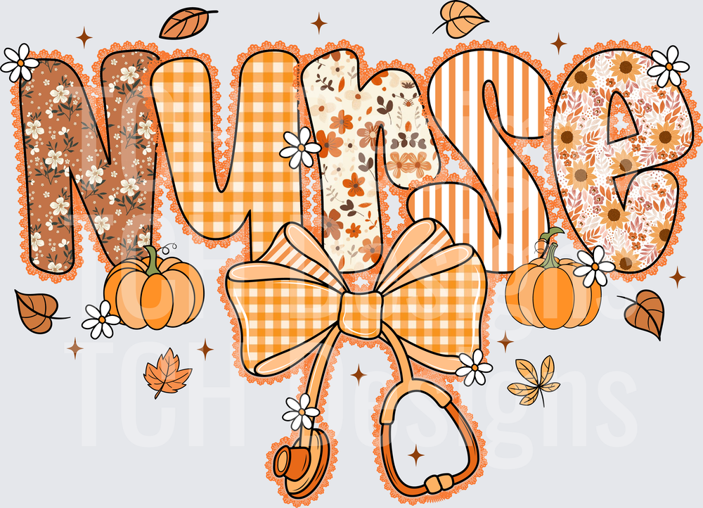 Fall Nurse Pumpkin Stethoscope Bow Floral Patchwork Letters