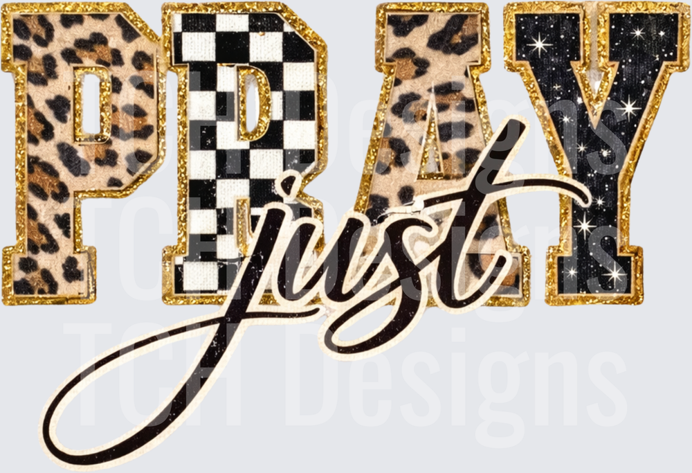 Just Pray Gold Glitter Leopard Checkered Varsity Letters