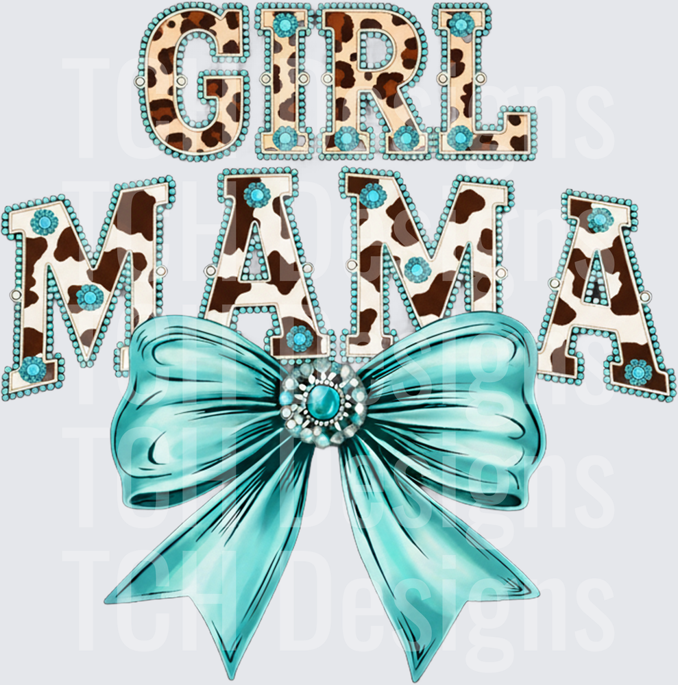 Girl Mama Leopard Print Letters with Turquoise Bow and Rhinestones