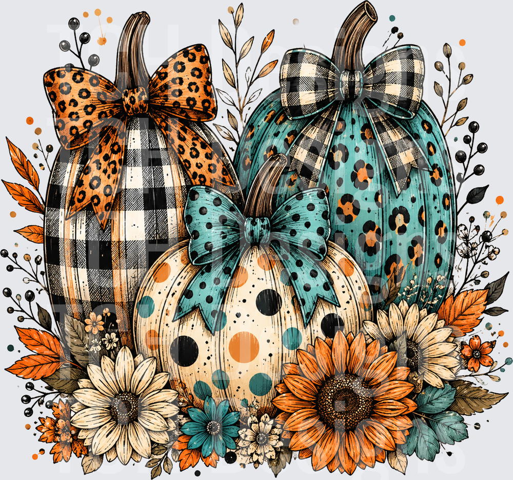 Boho Patterned Pumpkins with Bows and Sunflowers Fall