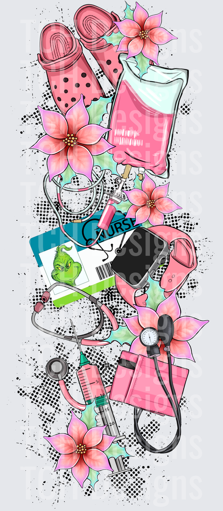 Grinch Nurse Christmas Stethoscope Pink Medical Tools Poinsettia