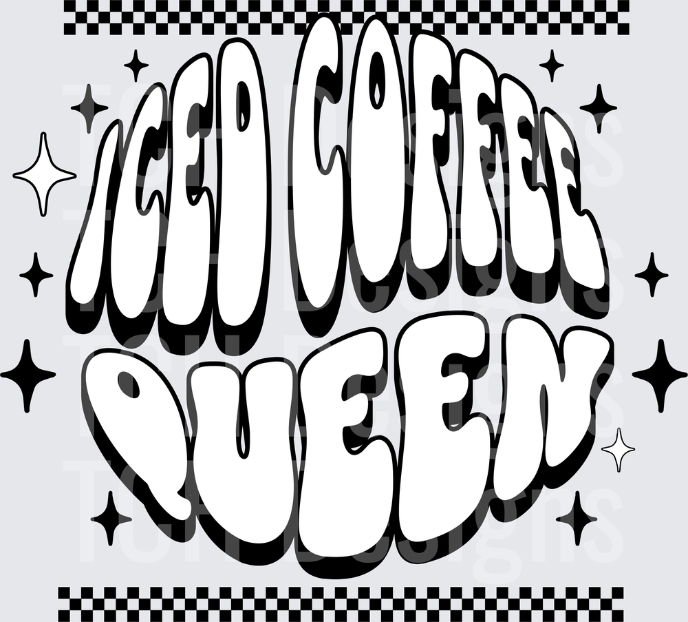 Iced Coffee Queen Retro Bubble Letter Checkered Design