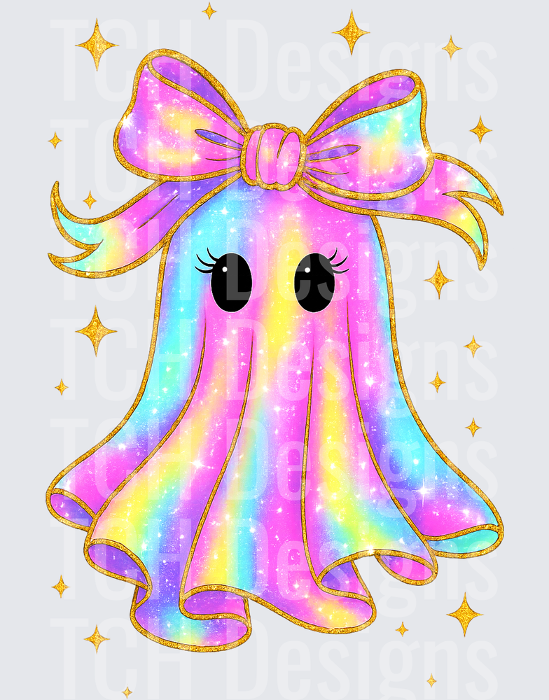 Kawaii Rainbow Glitter Ghost with Pastel Bow and Gold Stars