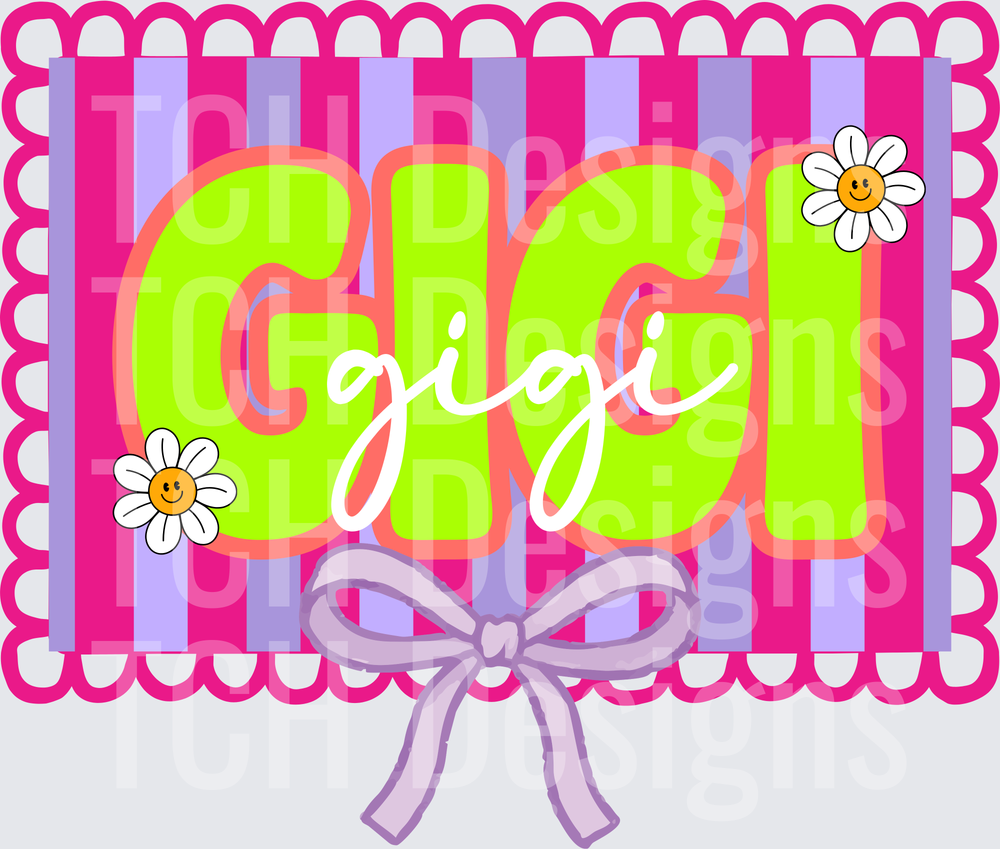 Gigi Name with Daisy Flowers and Purple Bow on Pink Stripes