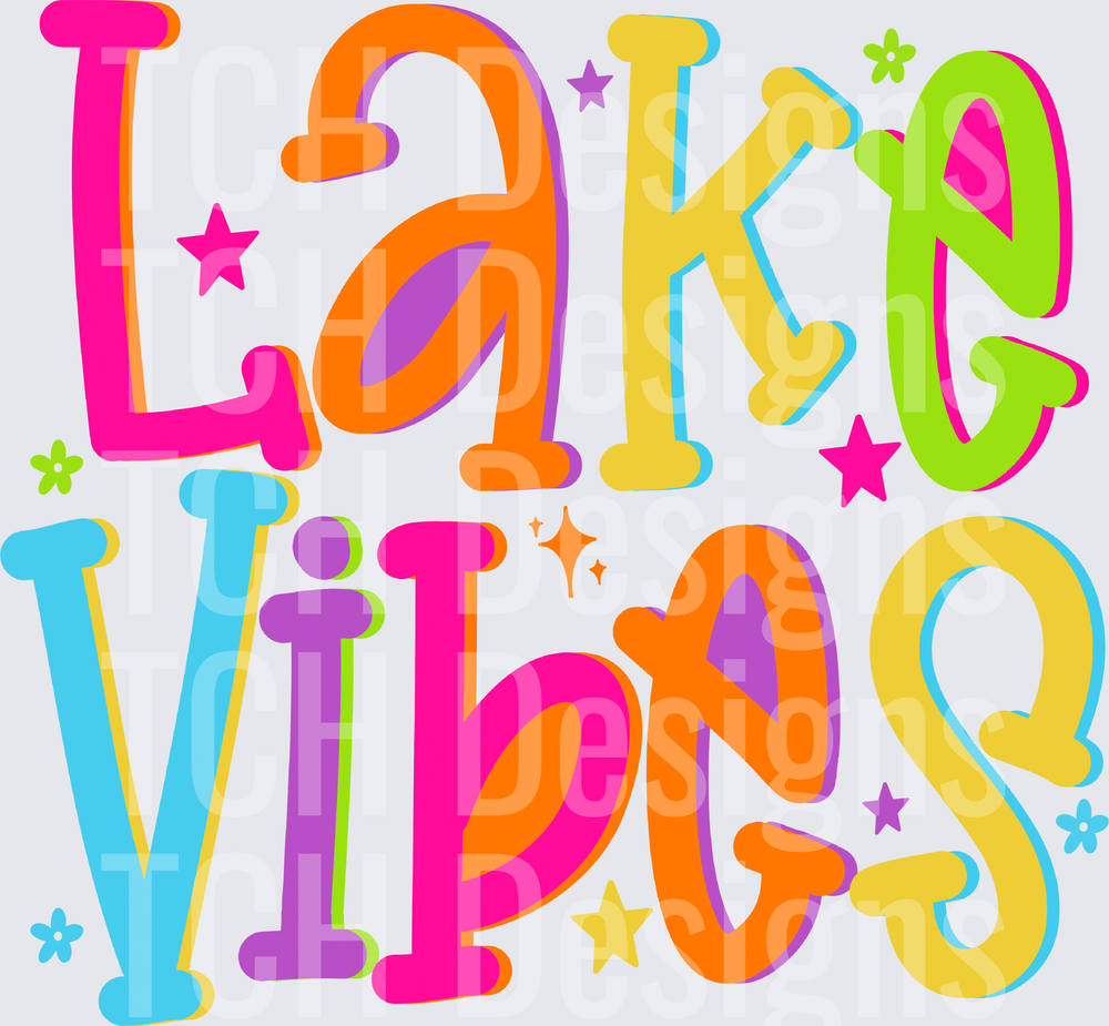 Lake Vibes Colorful Rainbow Letters with Stars and Flowers