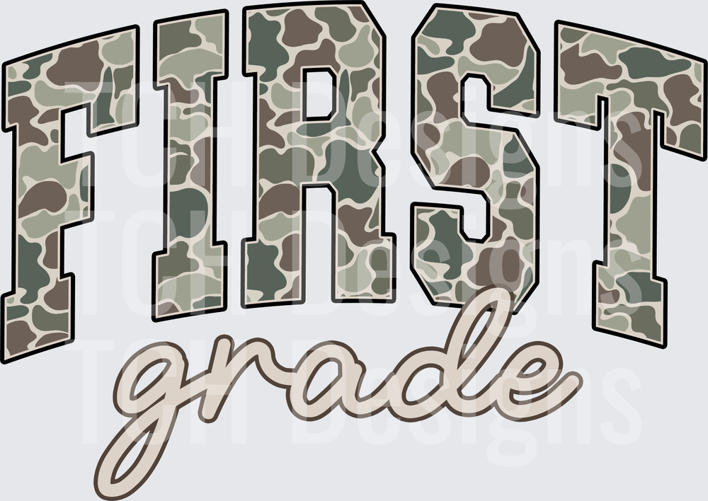First Grade Camo Arched Varsity Letters Script