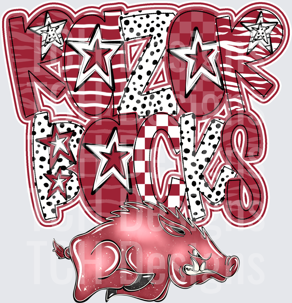 Razorbacks Mixed Pattern Bold Lettering Wild Hog Mascot