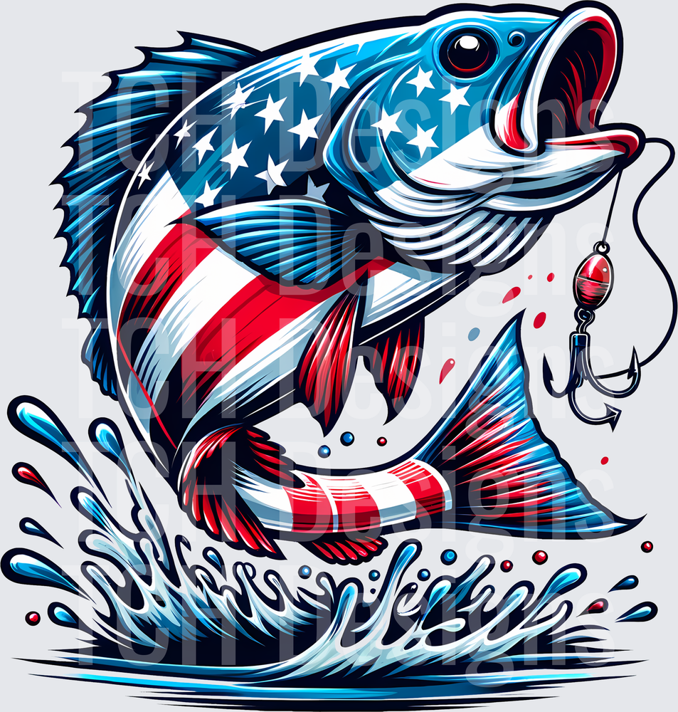 American Flag Bass Fish Jumping with Fishing Hook and Water Splash