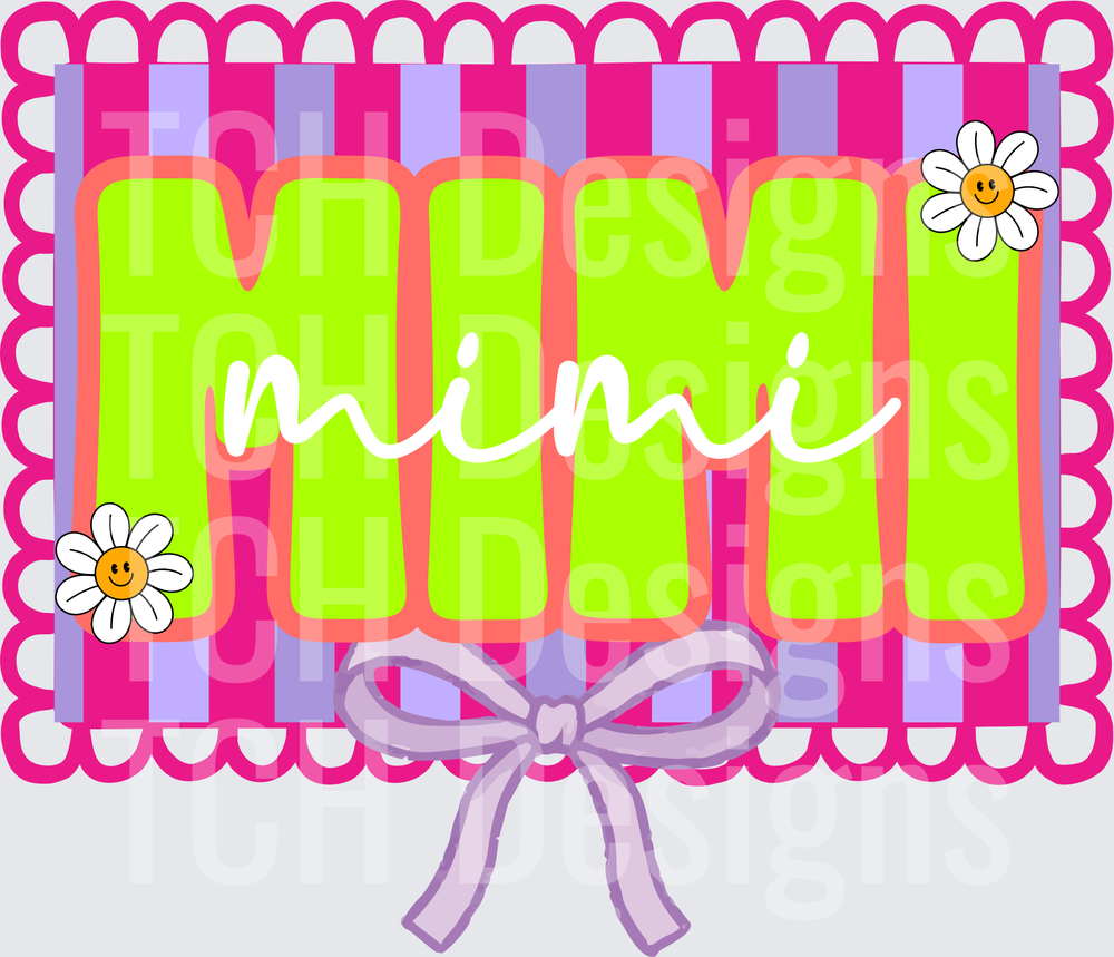 Mimi Name with Pink Stripes Scalloped Border and Daisy Flowers