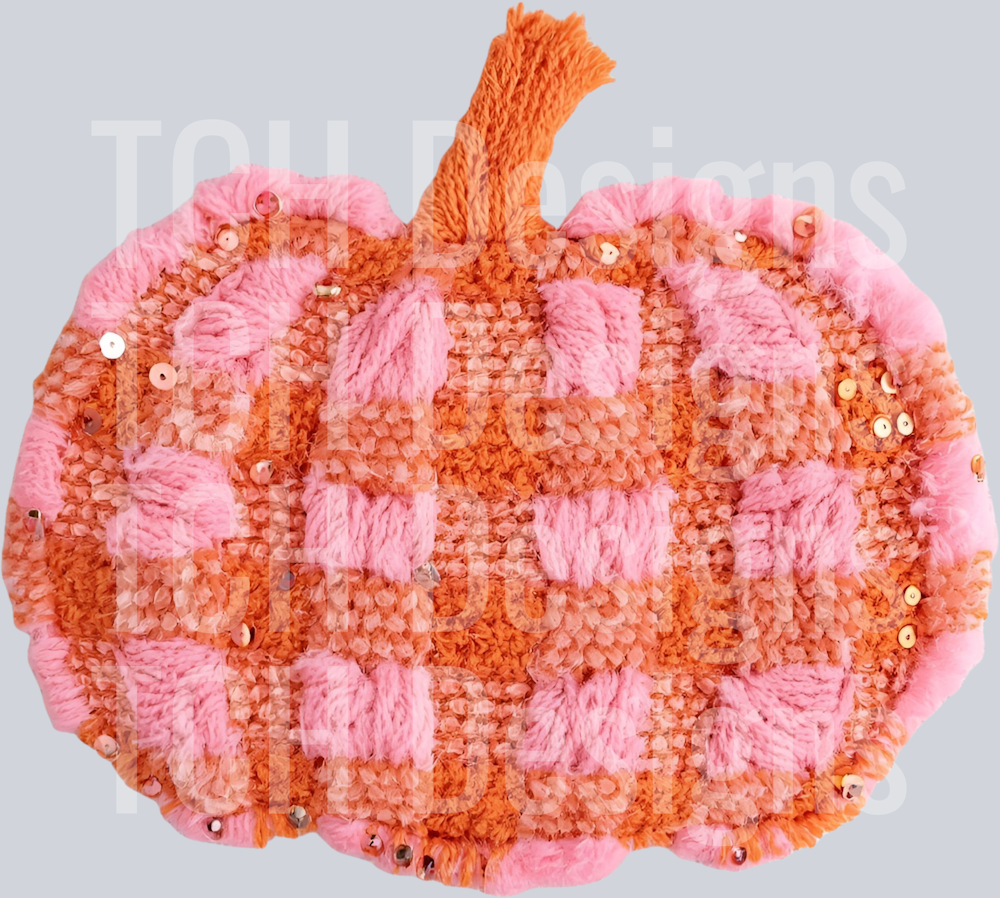 PINK AND ORANGE PLAID PUMPKIN FAUX YARN