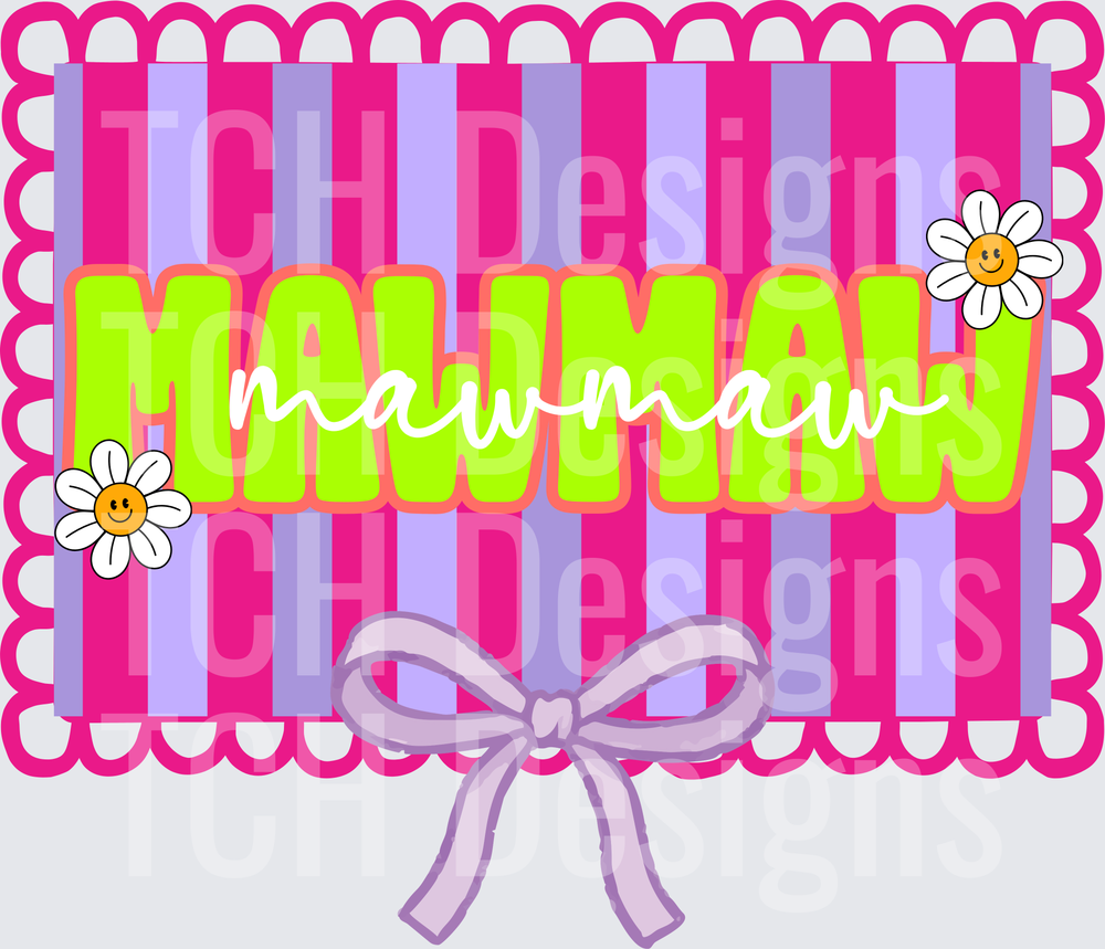 MawMaw Retro Pink Striped Frame with Daisies and Bow