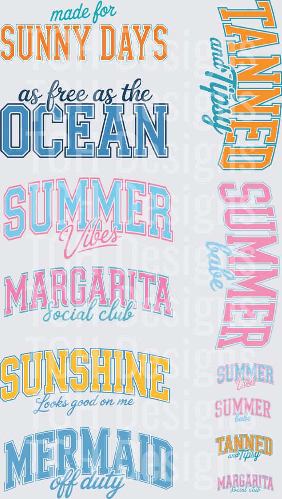Summer Beach Vacation Typography Collection with Ocean Mermaid Margarita Sunshine Sayings