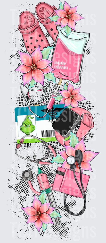 Grinch Christmas Nurse LPN Medical Tools Pink Poinsettia