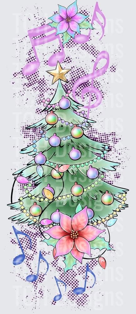 Pastel Christmas Tree Music Notes Poinsettia Holiday