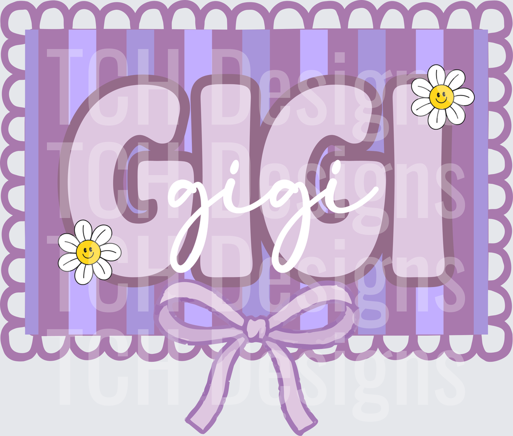 Gigi Text with Purple Stripes Daisy Flowers and Bow Border