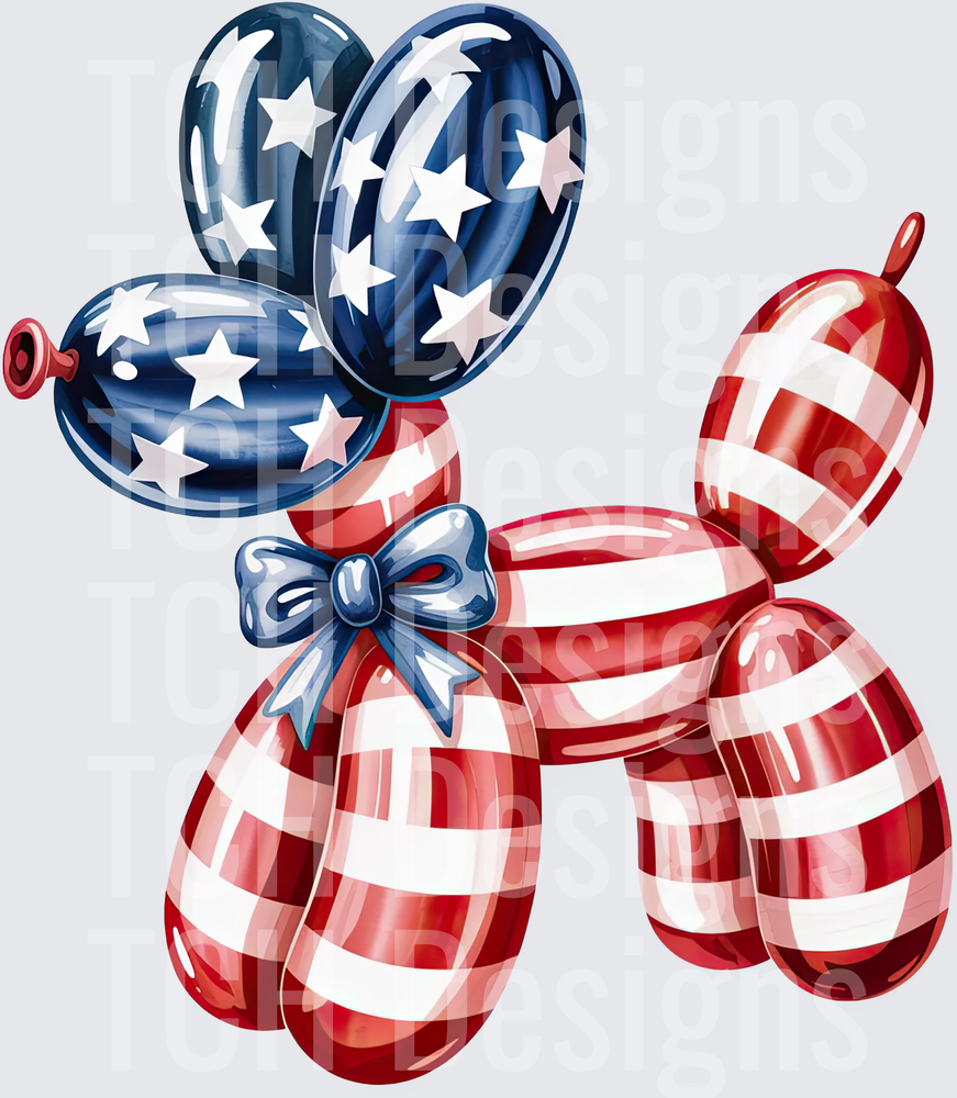 Patriotic American Flag Balloon Dog with Blue Bow