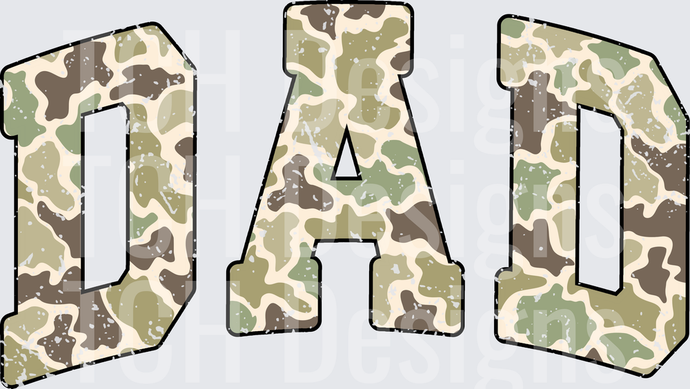 DAD Bold Varsity Letters Distressed Camo Pattern Design