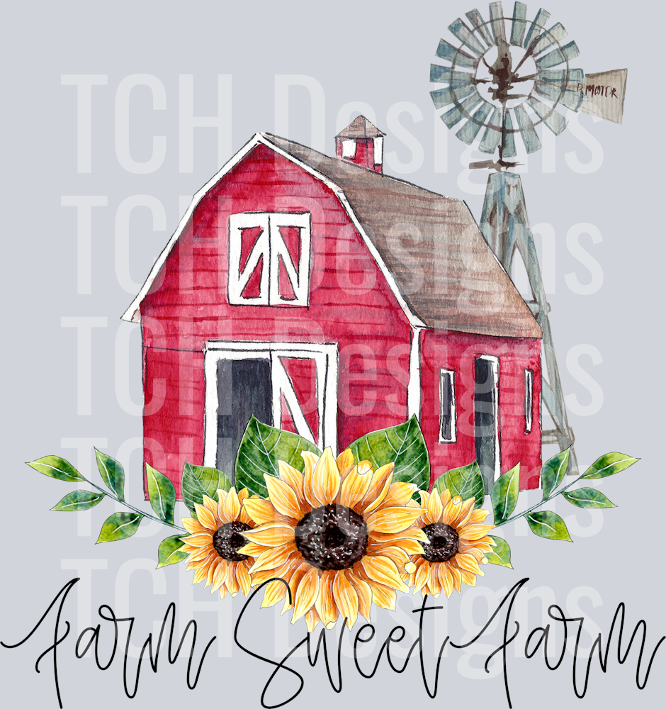 farm sweet farm red barn windmill sunflower