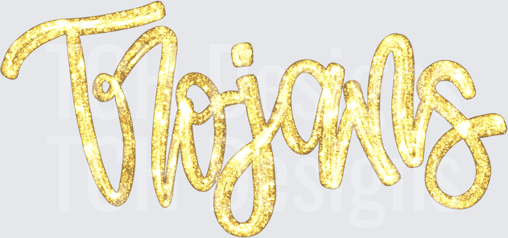 Trojans Gold Glitter Cursive Script Lettering