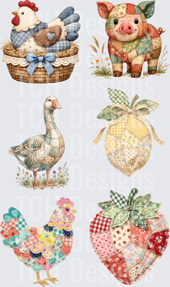 Patchwork Farm Animals and Fruit Collection with Quilted Hen Pig Goose Lemon Strawberry