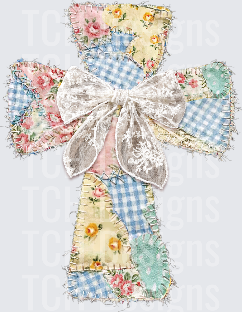 Patchwork Cross with White Lace Bow Shabby Chic Design