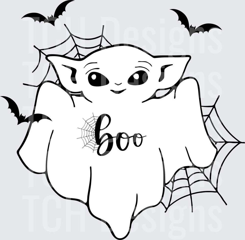 Grogu Baby Yoda Ghost Boo Halloween Bats Spider Webs