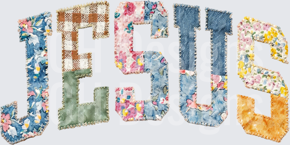 Patchwork Fabric Collage JESUS Varsity Letter Word Art