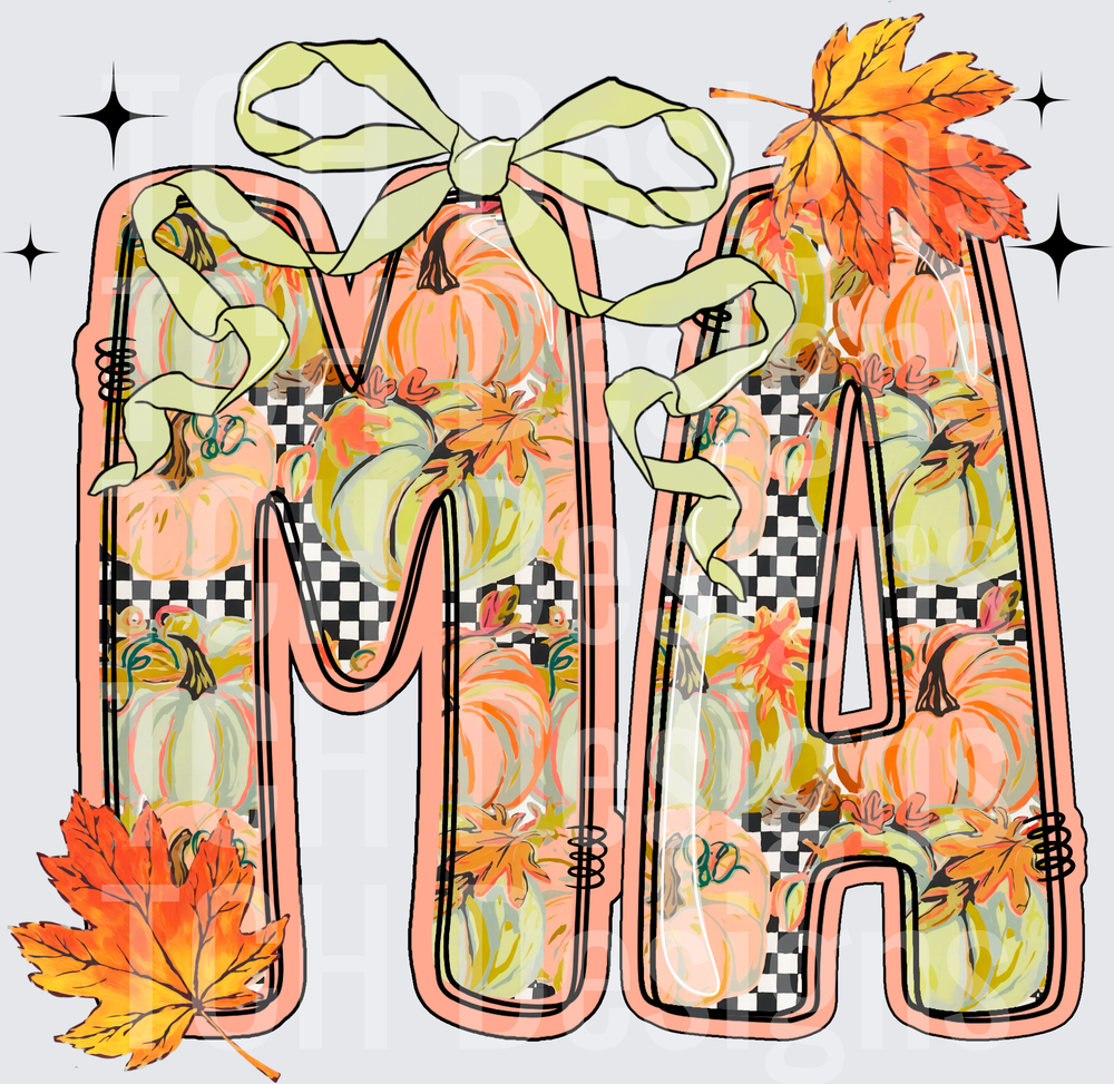Mama Fall Pumpkin Checkered Letters Bow Autumn Leaves