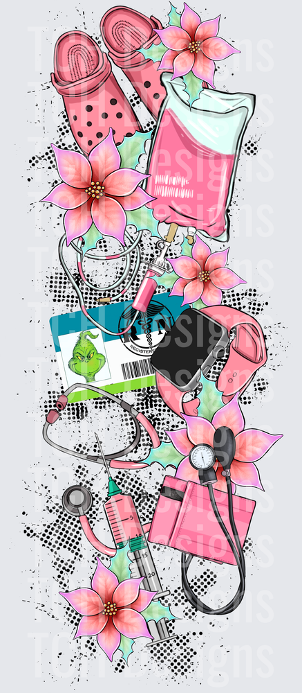 Grinch Nurse Badge Reel Medical Tools Pink Christmas Floral