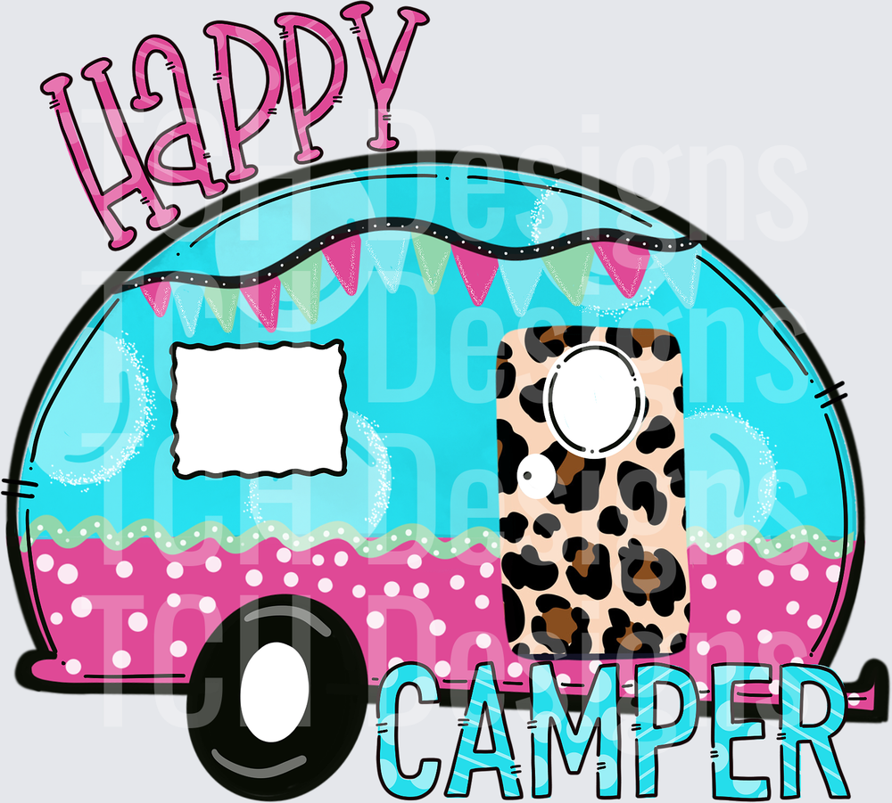 Happy Camper Vintage Travel Trailer with Leopard Print Door
