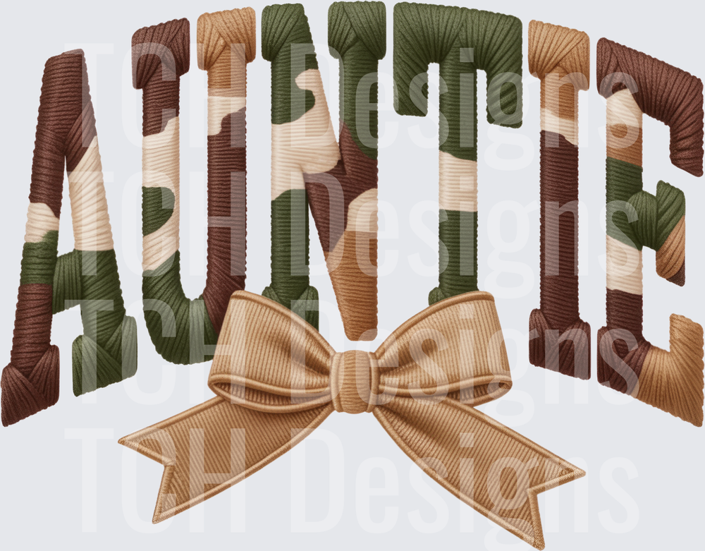 Auntie Camo Embroidery Style Lettering with Bow