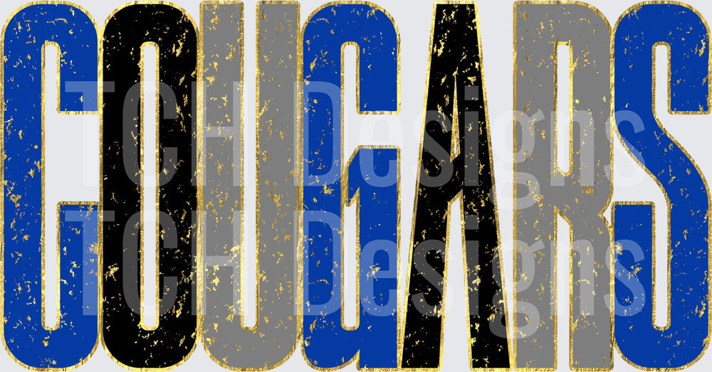 Cougars Distressed Bold Layered Text Blue Black Gold Gray