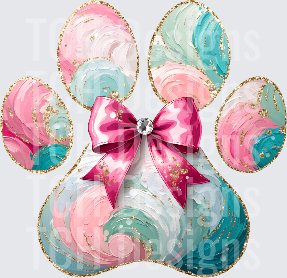 Glitter Gold Paw Print Pink Teal Swirl Paint Hot Pink Bow
