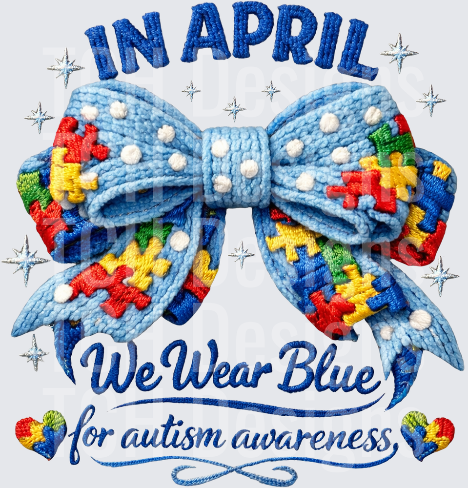 In April We Wear Blue Autism Awareness Puzzle Piece Bow