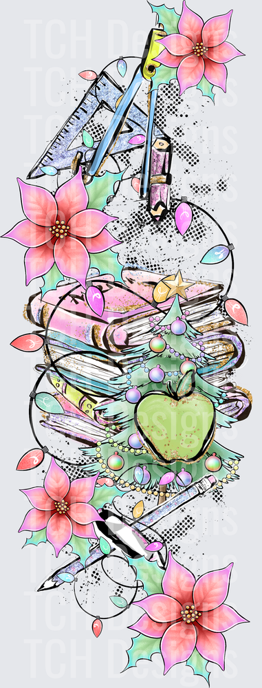Christmas Teacher Stack Books Apple Pencil Poinsettia