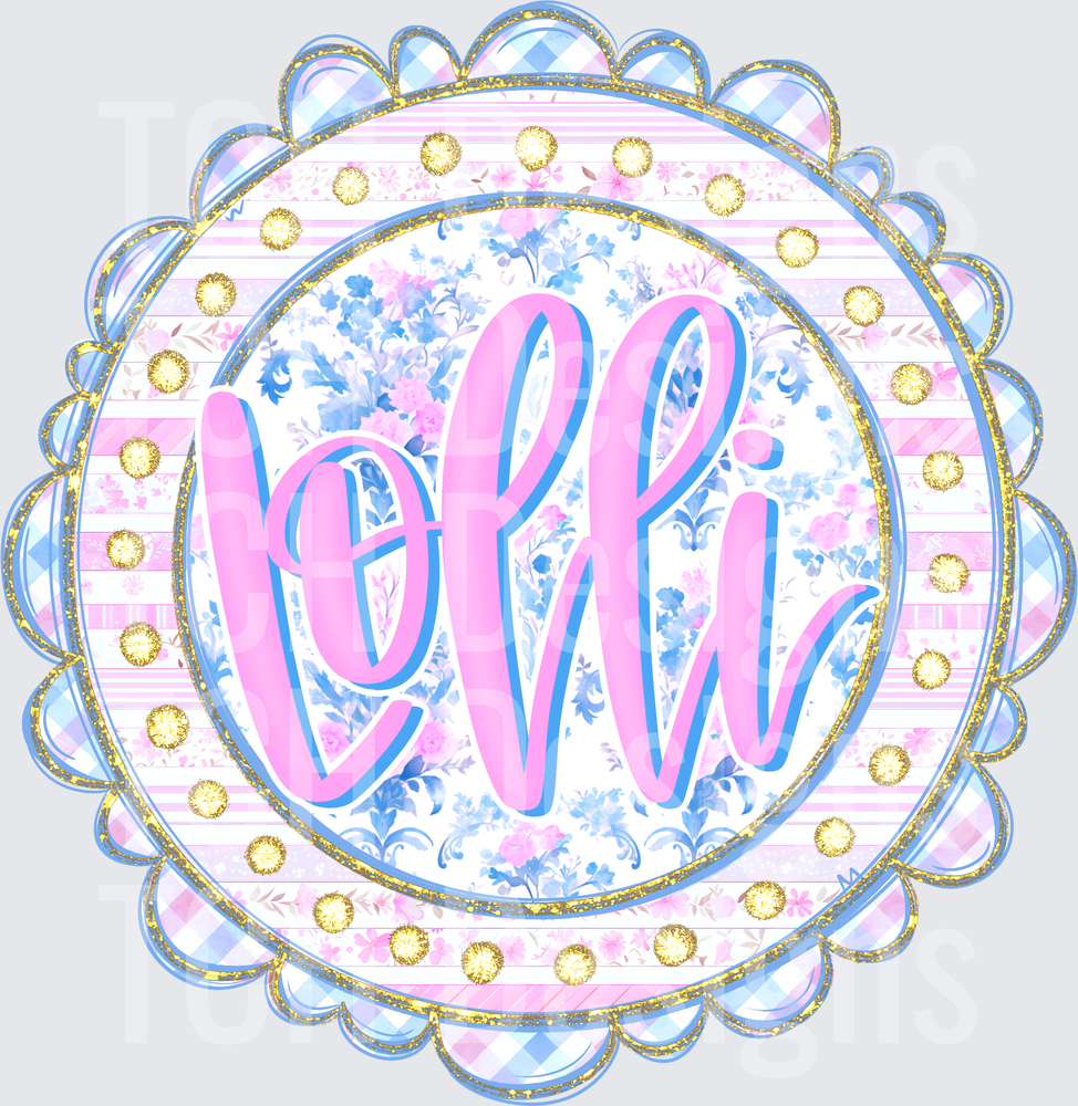 Lolli Script Pink Blue Floral Scallop Round Badge