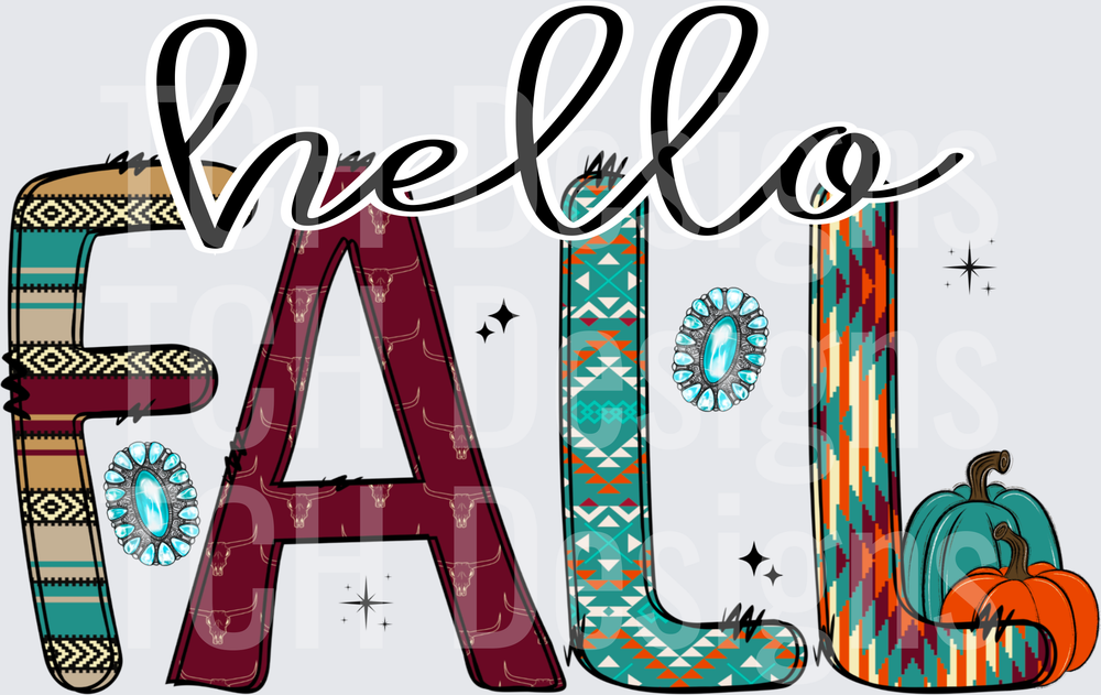 Hello Fall Western Aztec Serape Turquoise Pumpkin Letters