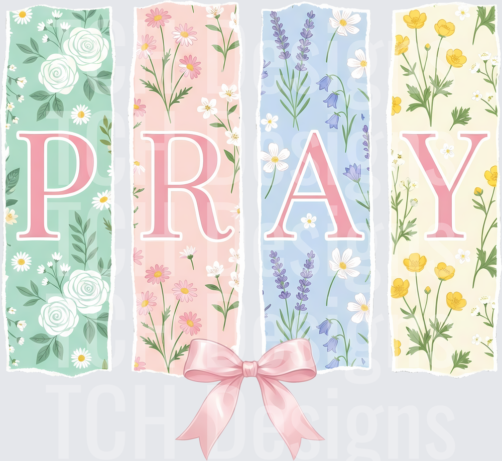 PRAY Floral Watercolor Letters with Pink Ribbon Bow