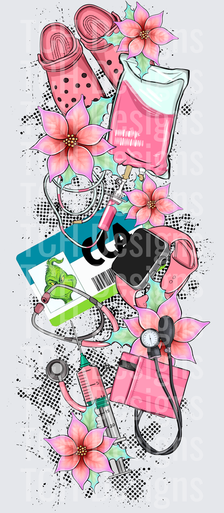 Pink Nurse Christmas Grinch Badge Reel Medical Tools Floral