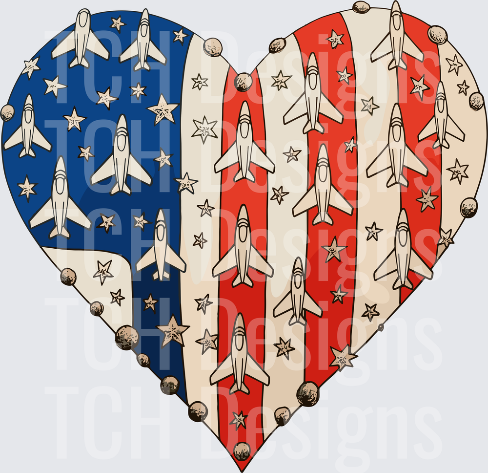 Patriotic Heart with Fighter Jets Stars and Planets Design