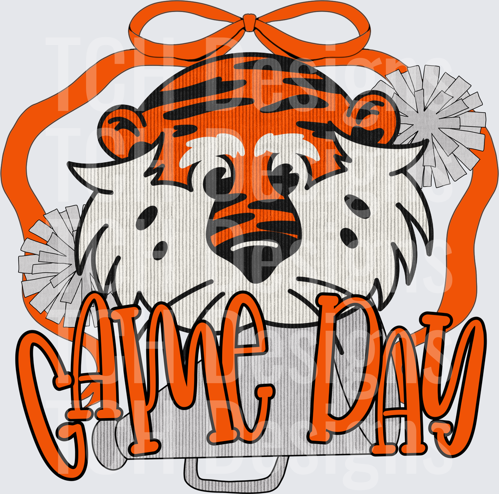Aubie Tiger Mascot Game Day Orange Bow Pom Pom Design