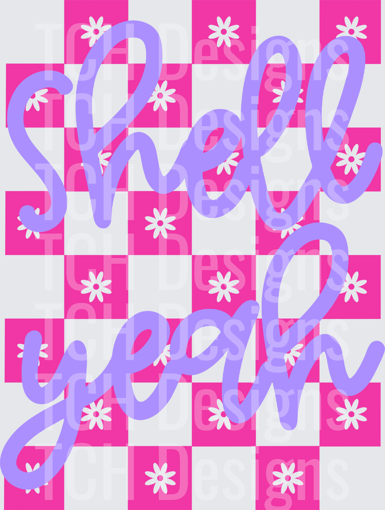Slay Queen Purple Script on Pink Checkered Daisy Pattern