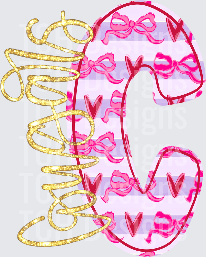 Coquette Letter C Pink Bows Hearts Lavender Stripes Gold Glitter Script